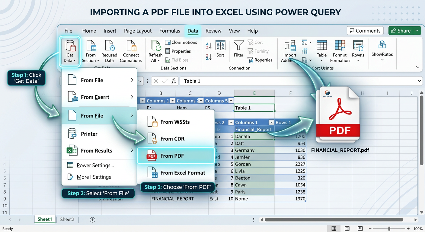 Comparativa visual entre un documento PDF con tablas y su correcta importación estructurada en Excel